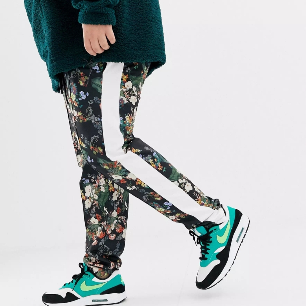 ASOS DESIGN PLUS TRACK JOGGERS IN RETRO FABRIC w/ FLORAL PRINT & SIDE STRIPE